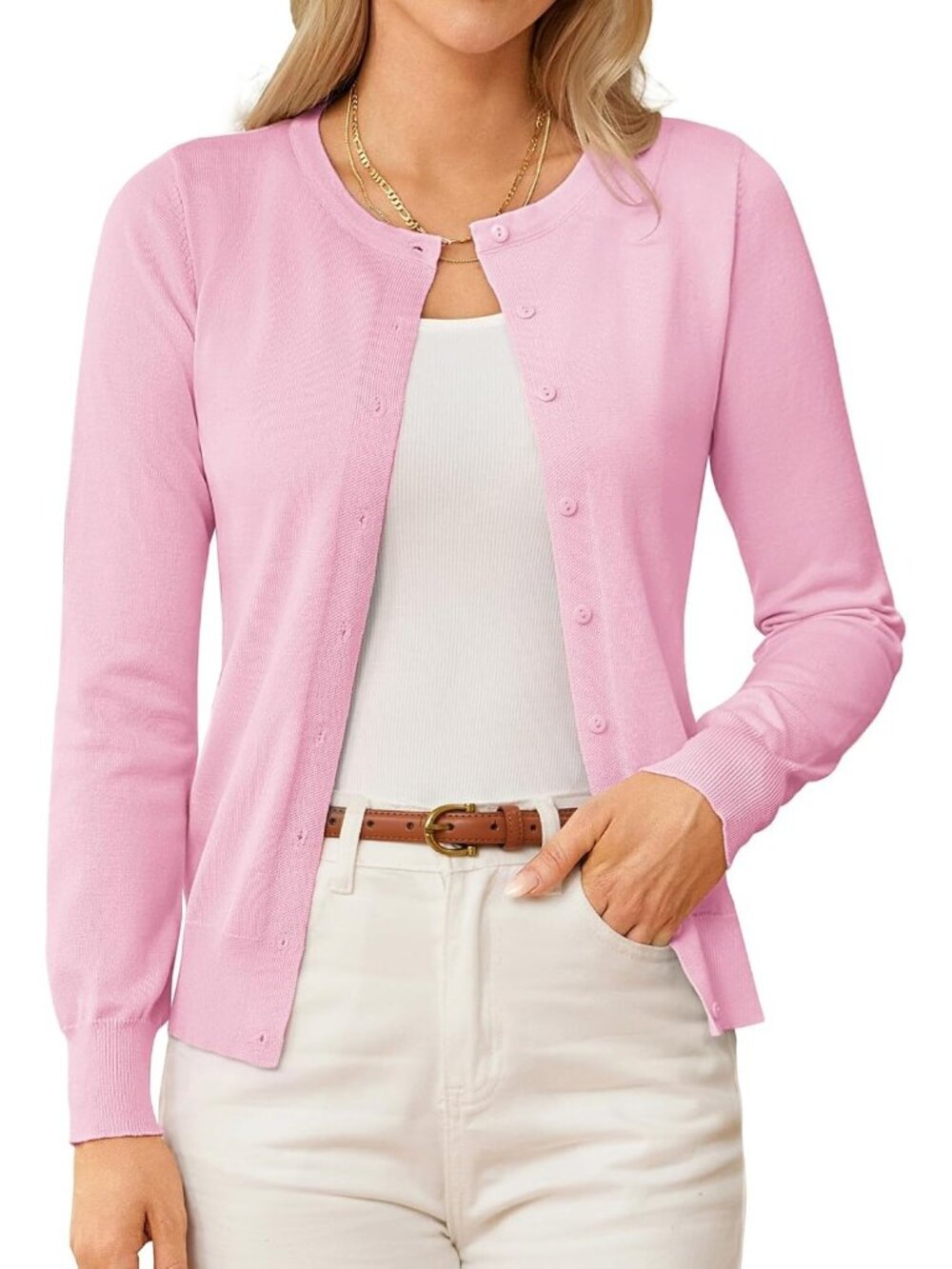 🆕Women's Light Pink Crew-neck Knit Cardigan Sweater Lightweight Button Up